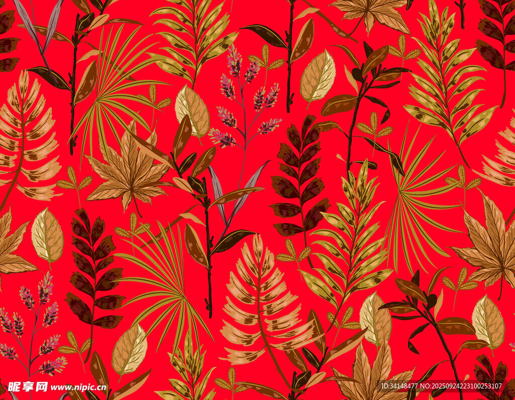 紅色底金色植物圖案紋理