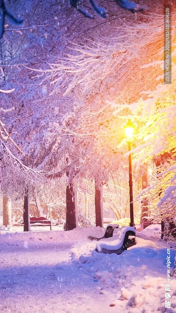 冬日雪林溫馨路燈場(chǎng)景