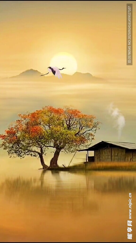 夕陽(yáng)下的湖畔小屋與孤樹(shù)
