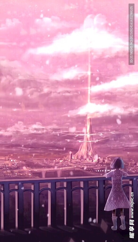 女孩眺望夢幻粉色天空