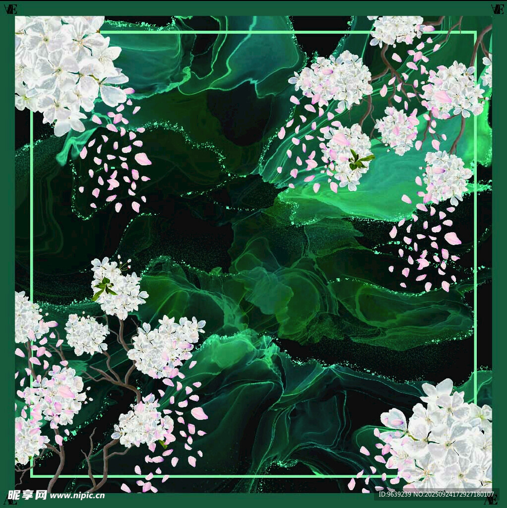 綠底白花抽象藝術(shù)圖案