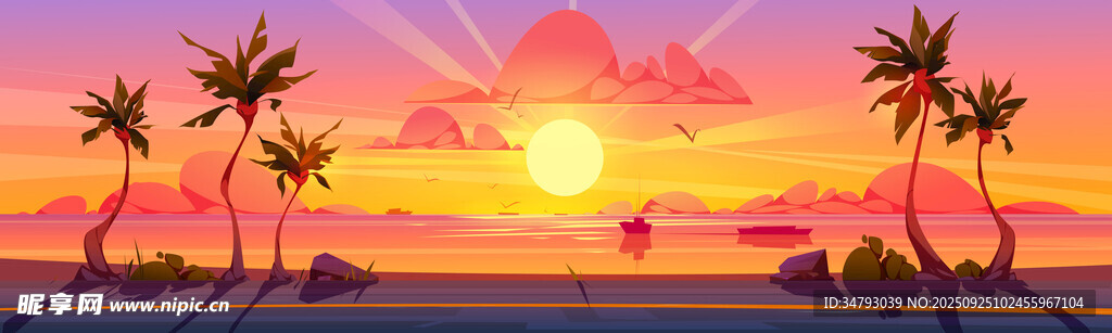 夕陽下的海濱椰林美景