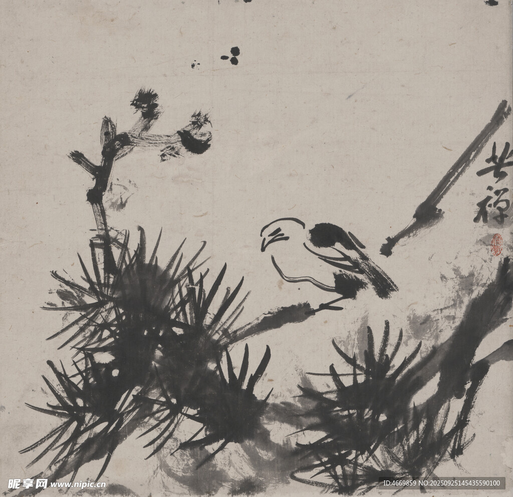 水墨松枝棲鳥圖