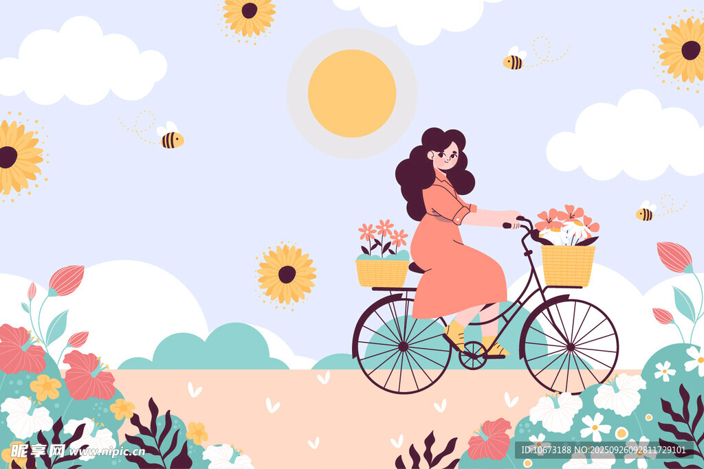 女孩騎車暢游花海
