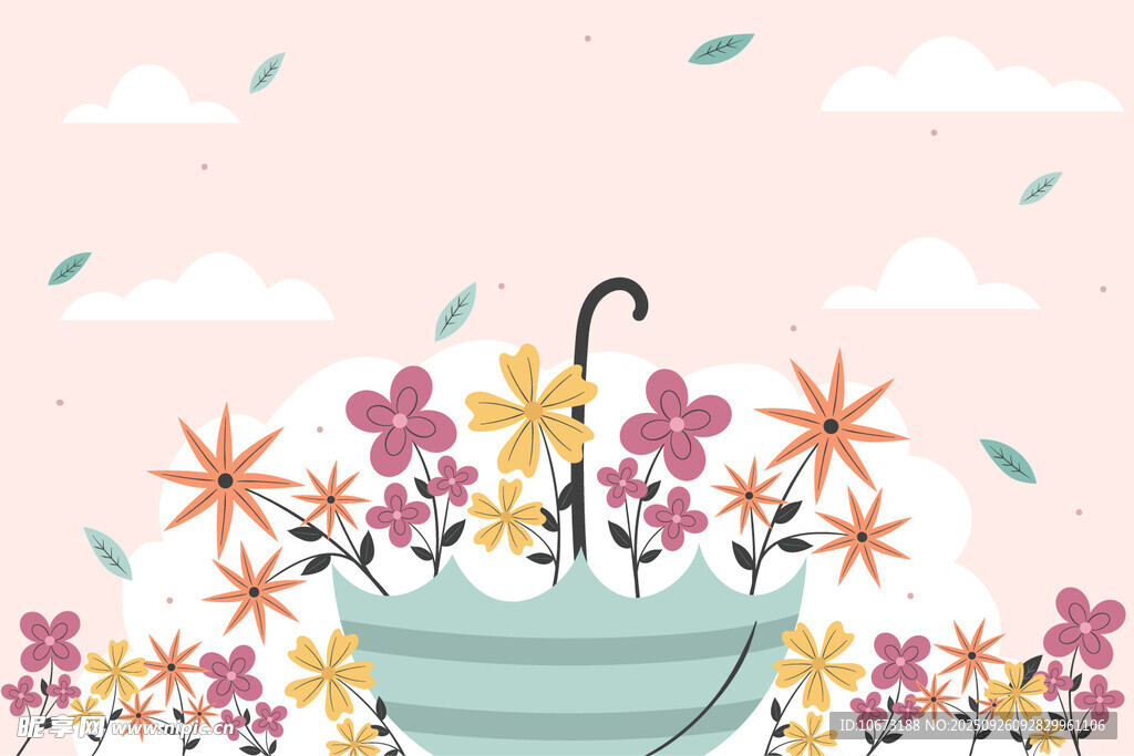 雨中傘下繽紛花朵景象