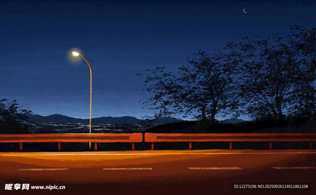 夜晚公路旁的路燈與星空