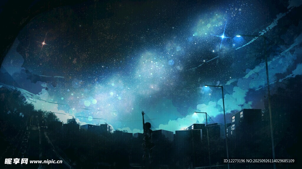 夢幻星空下的城市夜景