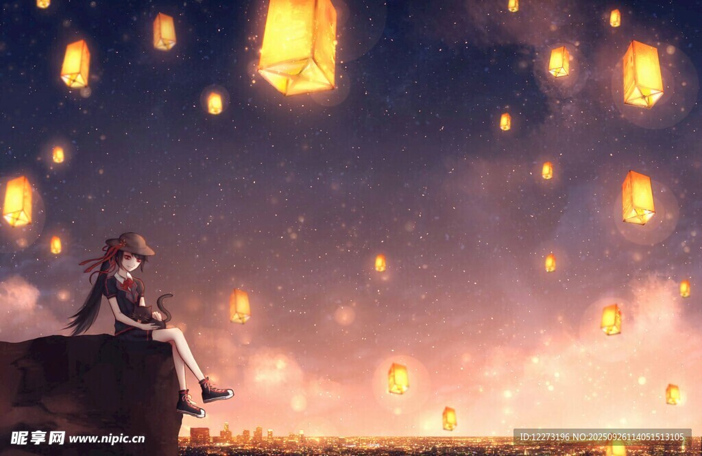 女孩賞漫天孔明燈夜景
