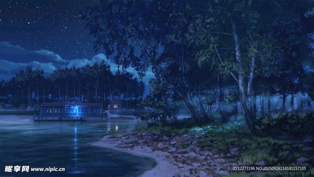 夜晚湖畔靜謐風(fēng)光