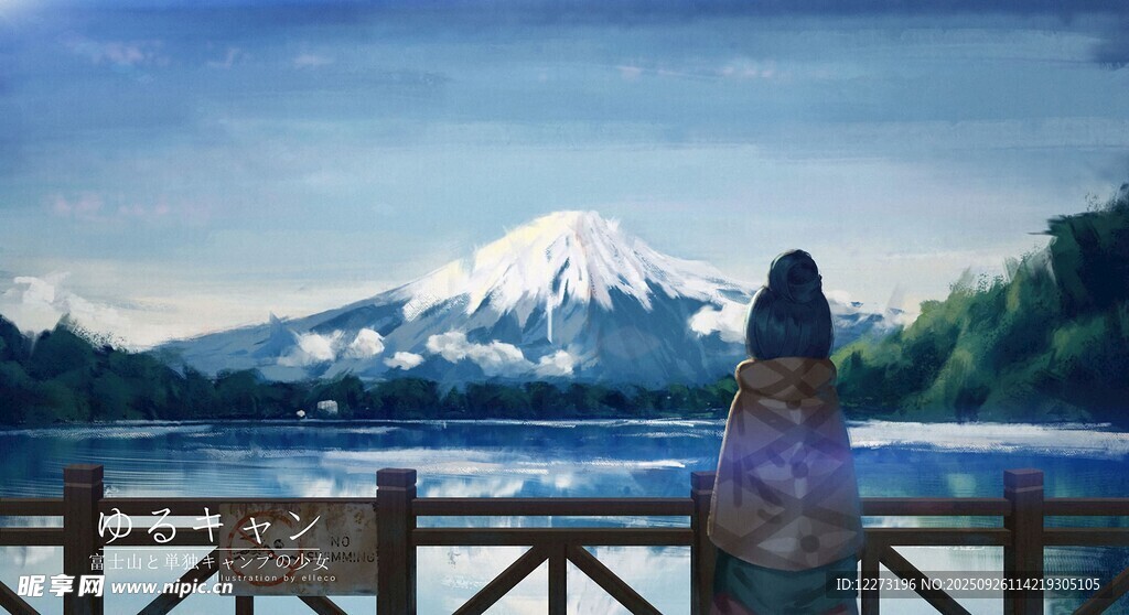 女子于湖畔賞雪山美景