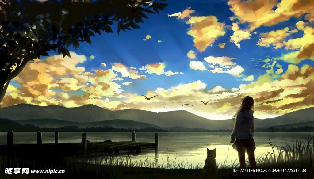 湖畔少女賞夢幻天空美景