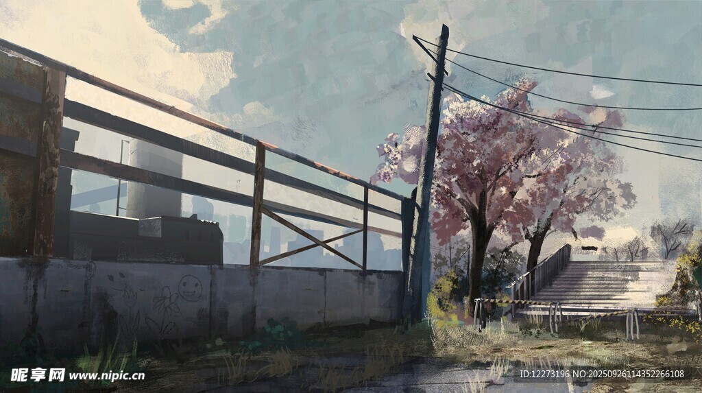 櫻花樹旁的廢棄場景