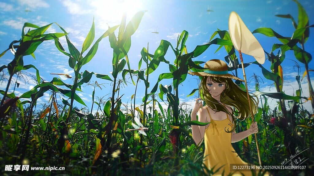 田野中撐傘的靚麗女子