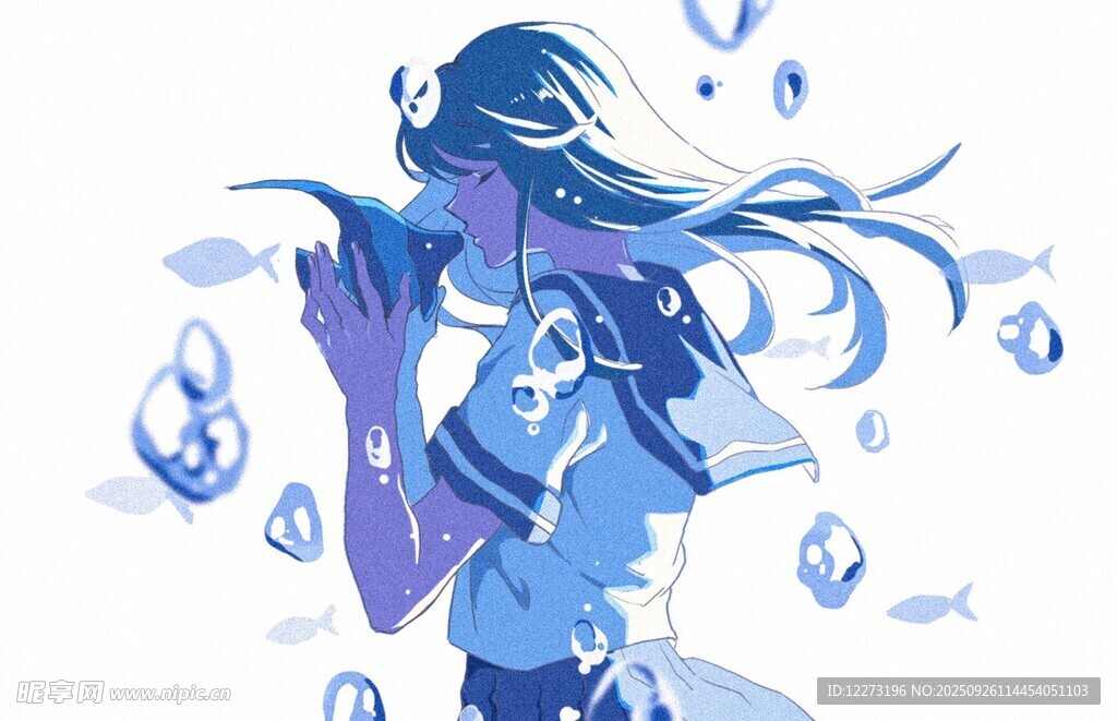 飄逸藍(lán)發(fā)少女與氣泡世界