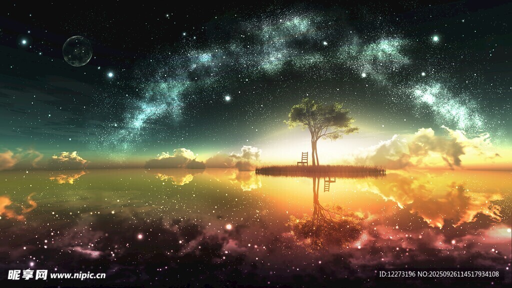夢幻星空下的孤獨棕櫚樹