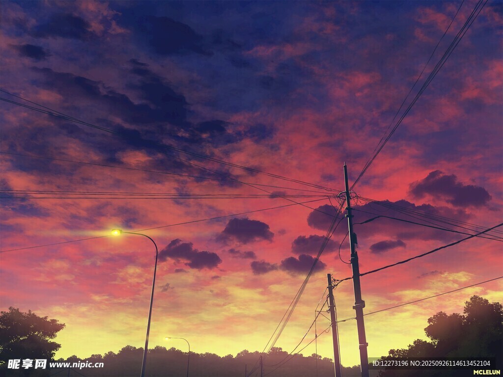 黃昏下的電線桿與絢爛天空