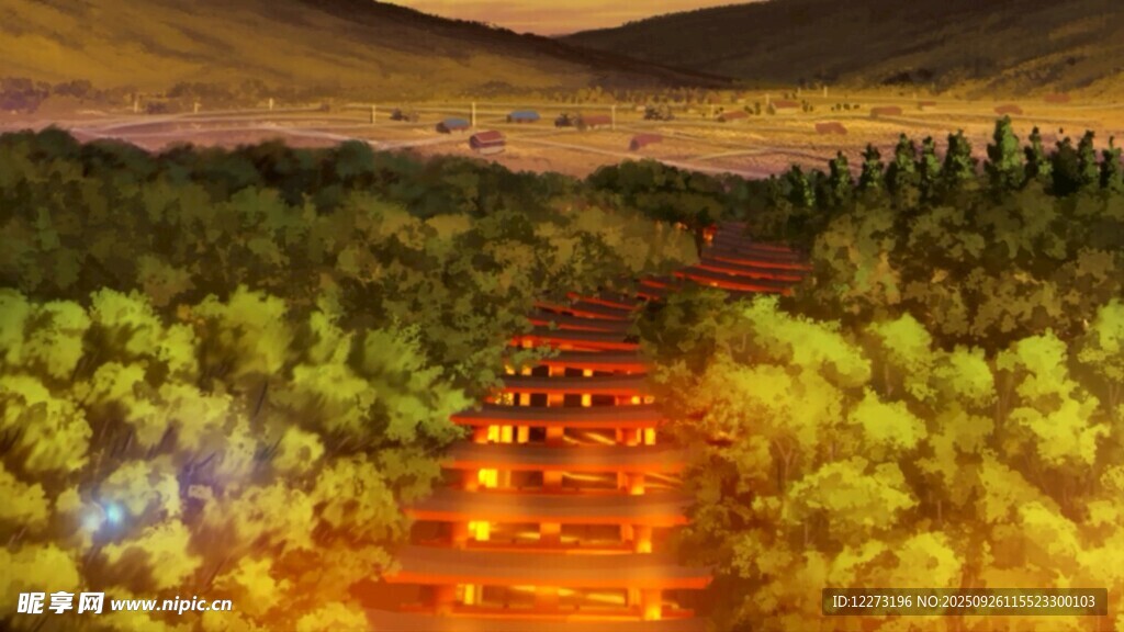 山間火紅道路穿行于綠野