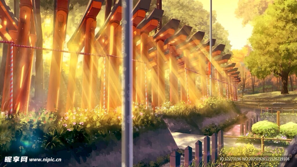陽光灑落林間花園美景
