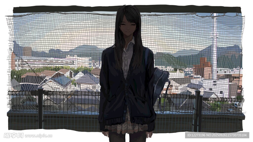 女子于窗前背景前留影