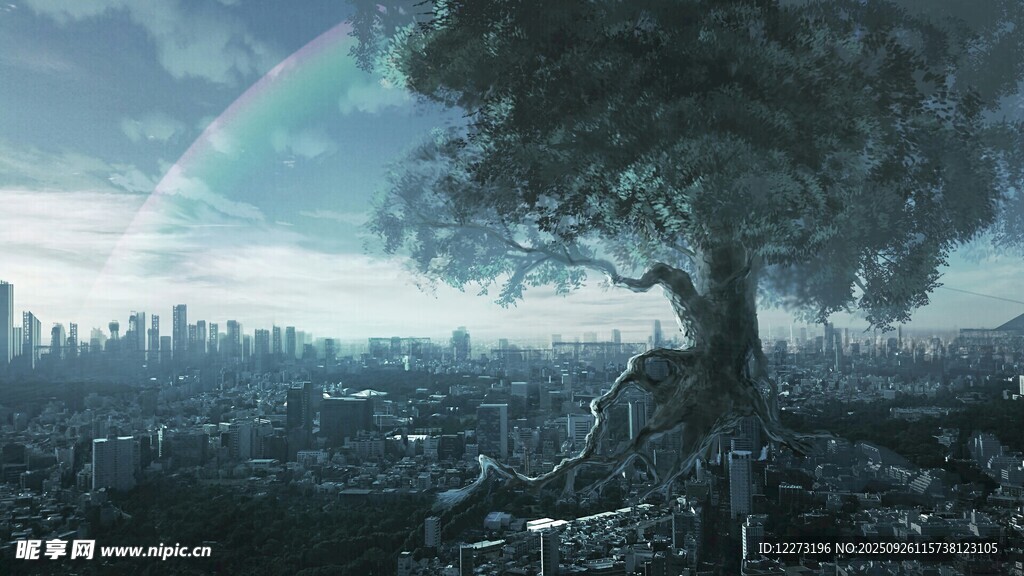 奇幻廢土中的孤樹與彩虹