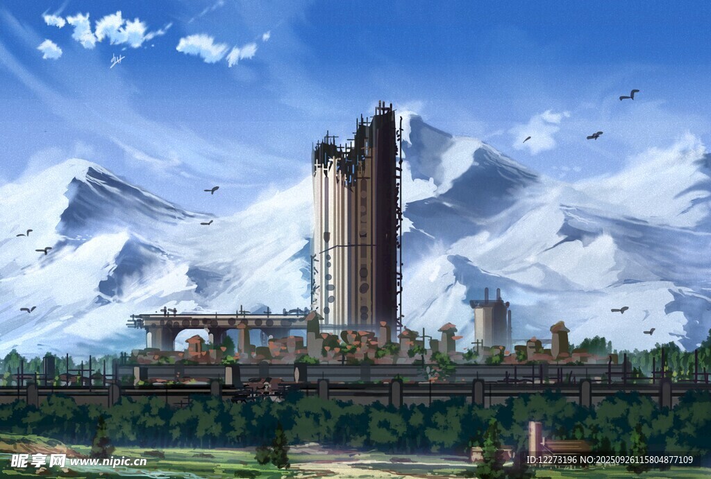 奇幻高山下的宏偉建筑
