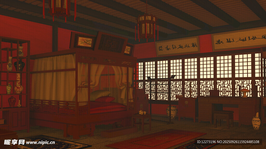 中式古典室內(nèi)場(chǎng)景布局