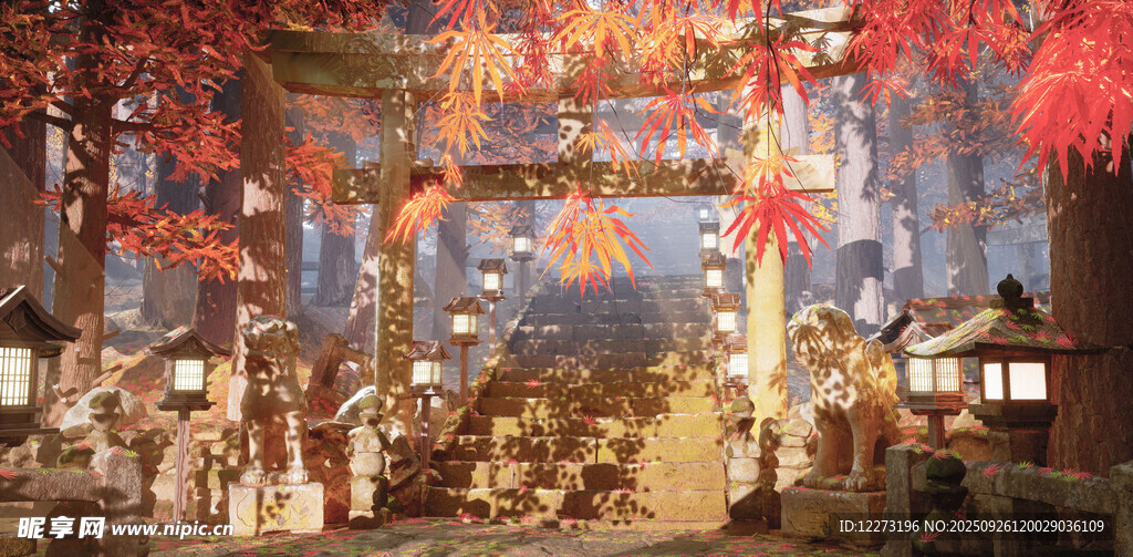 古風紅葉下的夢幻場景
