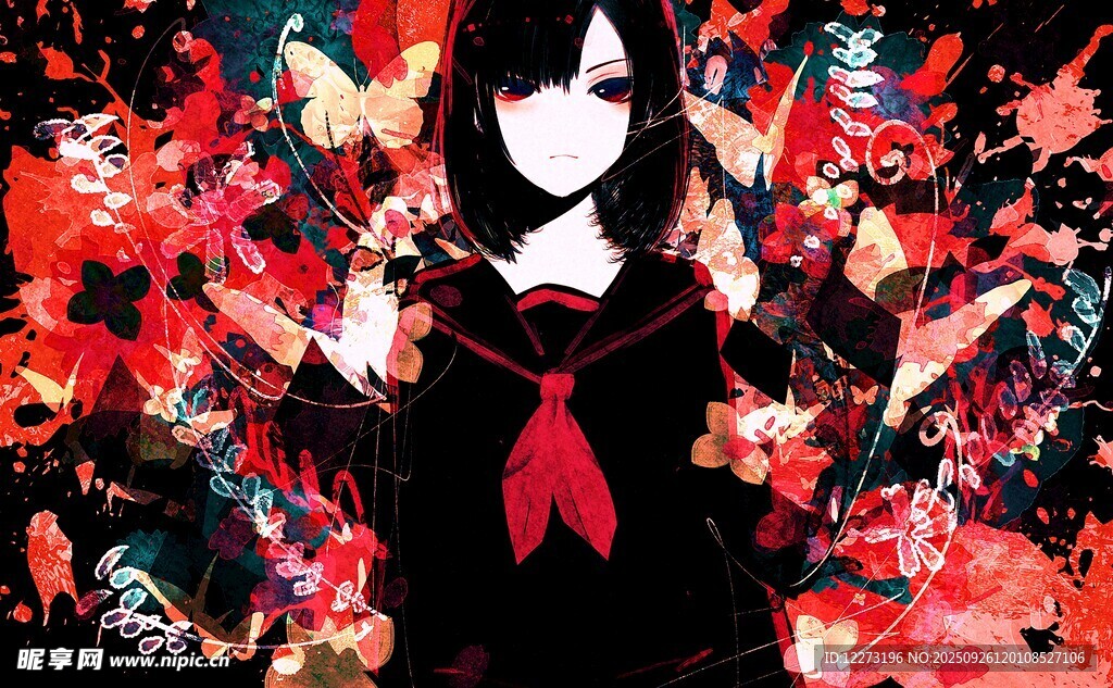 黑發(fā)紅衣少女置身繁花中