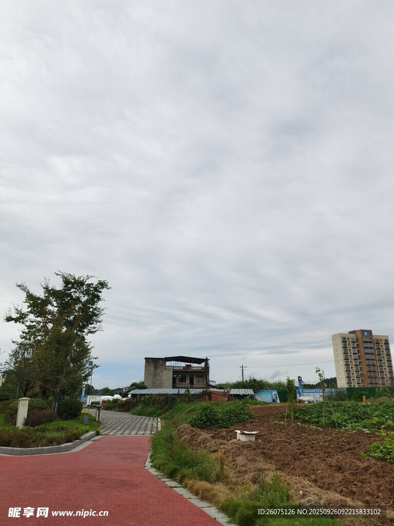 城郊紅徑旁的建筑與綠植