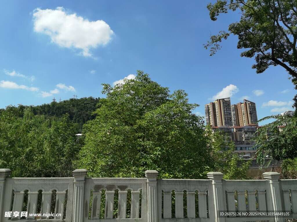藍(lán)天綠樹旁的城市景致