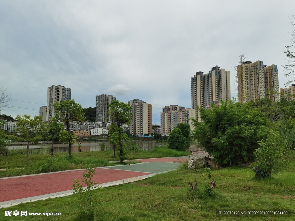 城市公園旁的高樓景觀