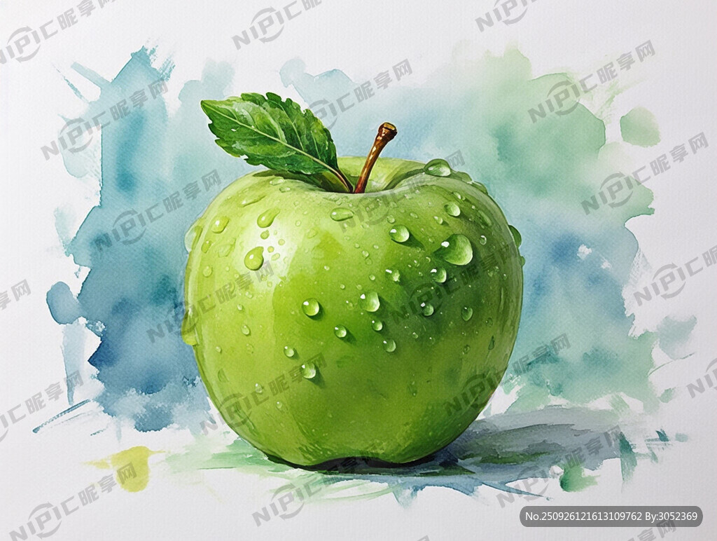 一顆青蘋果 有水 背景油畫風(fēng)格