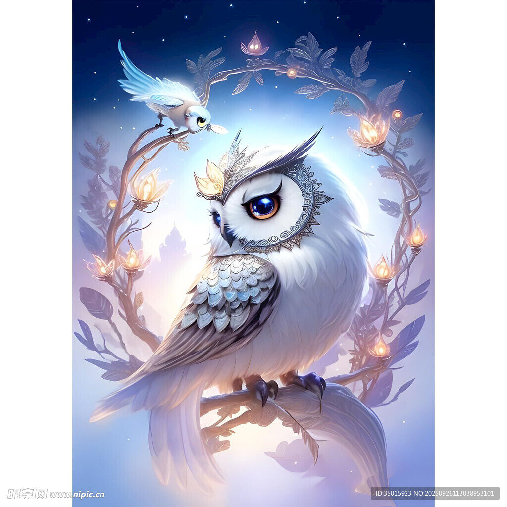 夢幻藍(lán)白貓頭鷹插畫