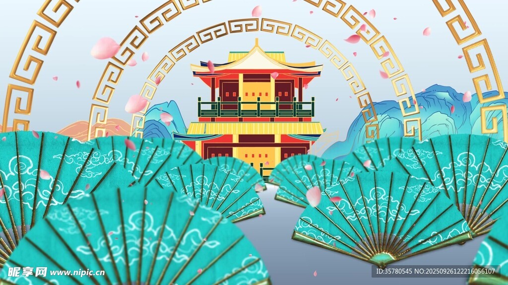 古風折扇環(huán)繞中式樓閣