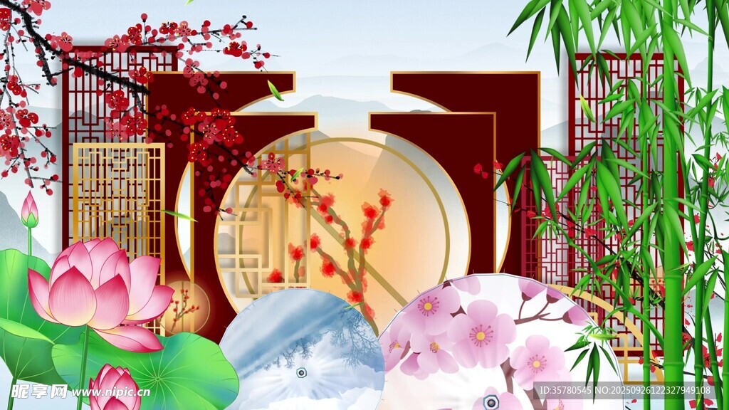 中式古典花卉景觀圖