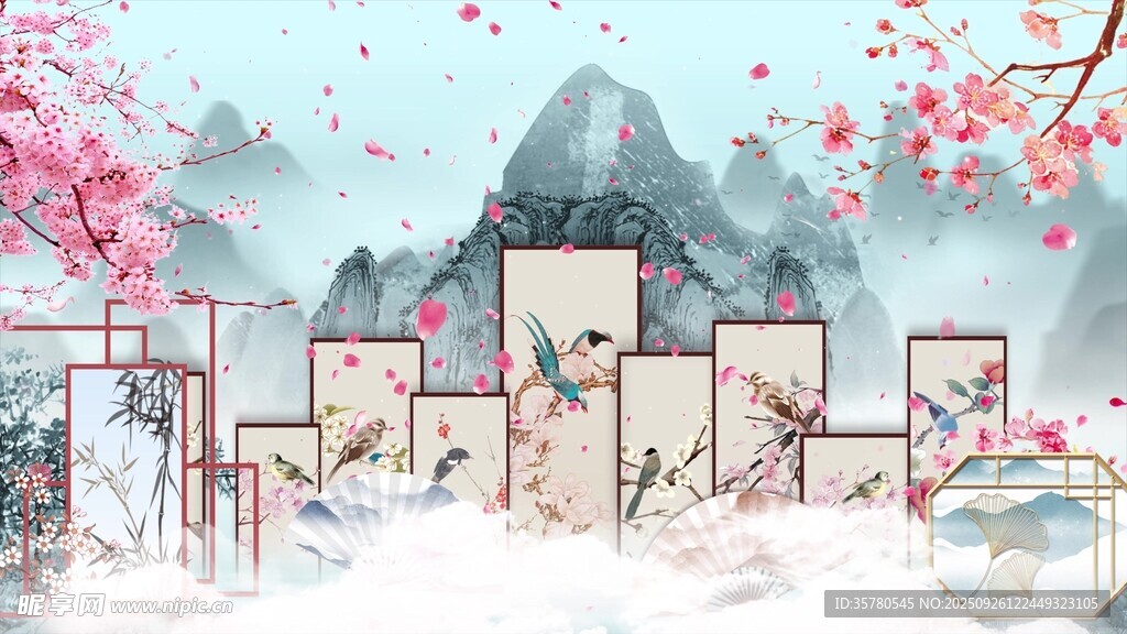 水墨古風(fēng)小鎮(zhèn)春景圖
