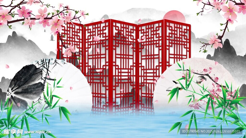中式園林景觀紅橋春色