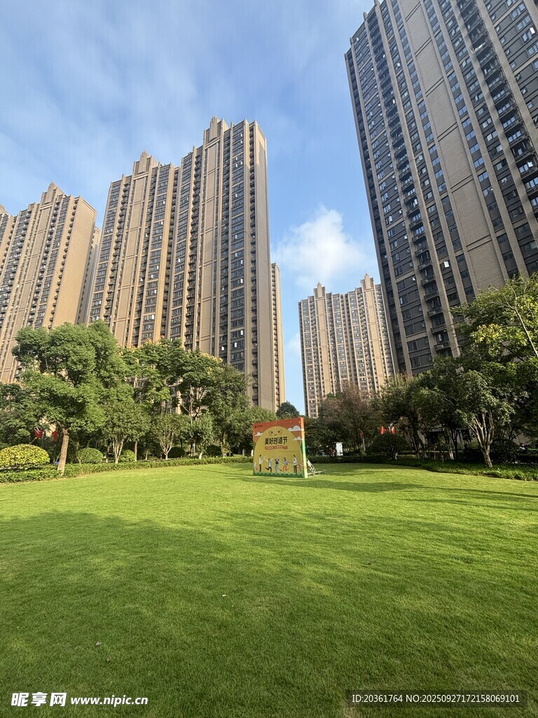 城市草坪旁的高樓景觀