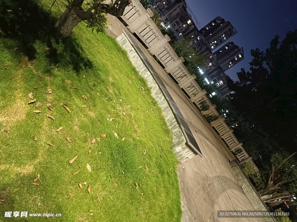 夜晚草地旁的城市步道