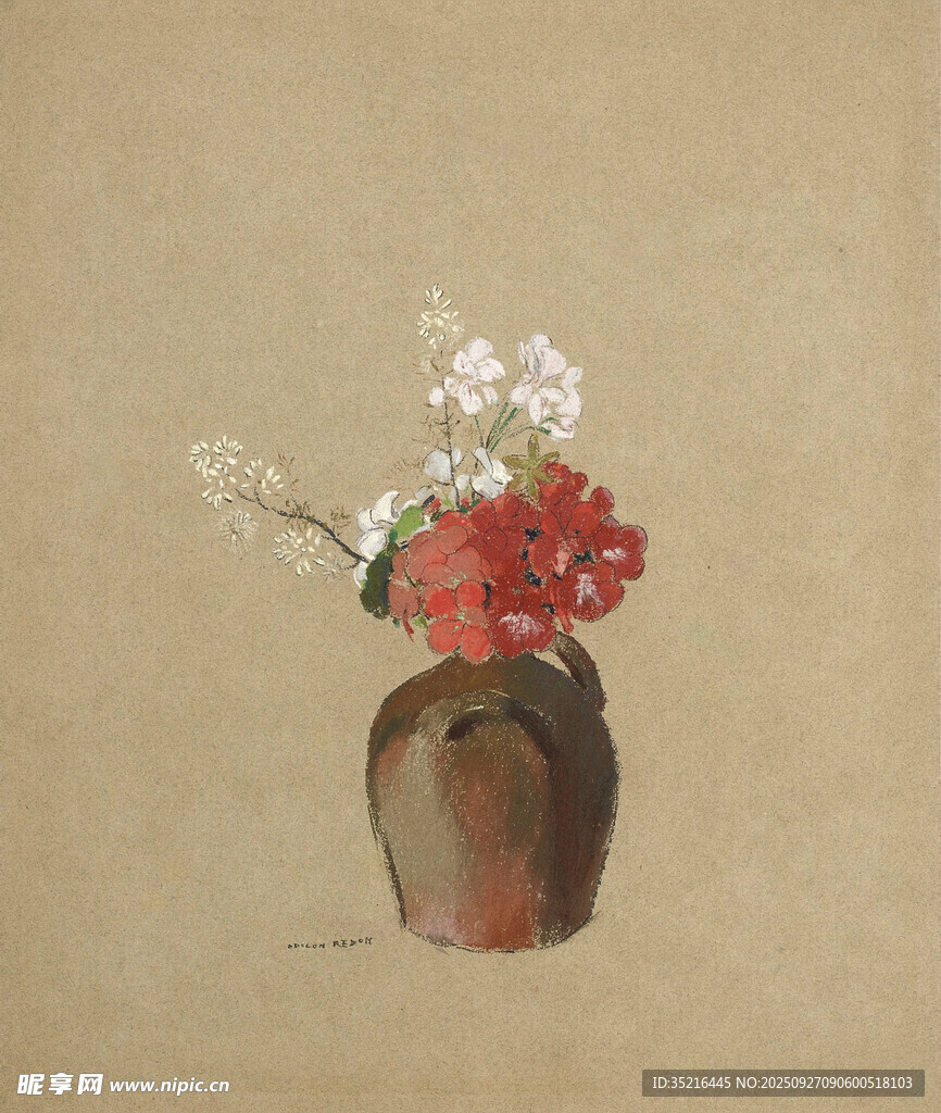 陶罐插花卉畫作