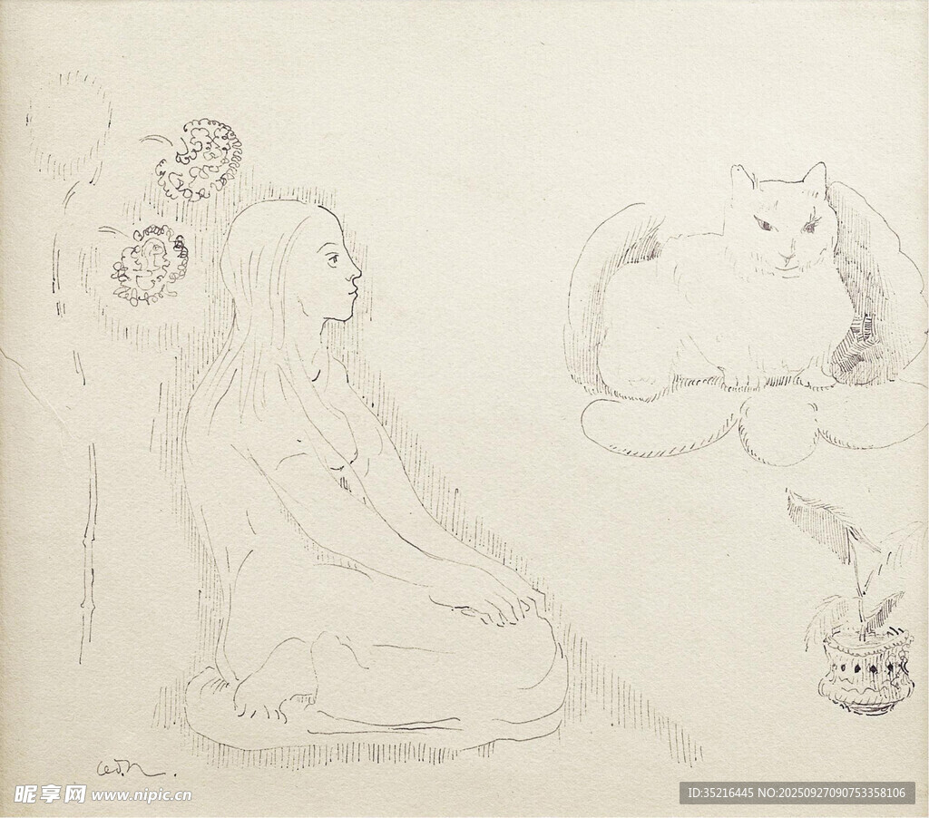 女子與貓的素描畫(huà)作