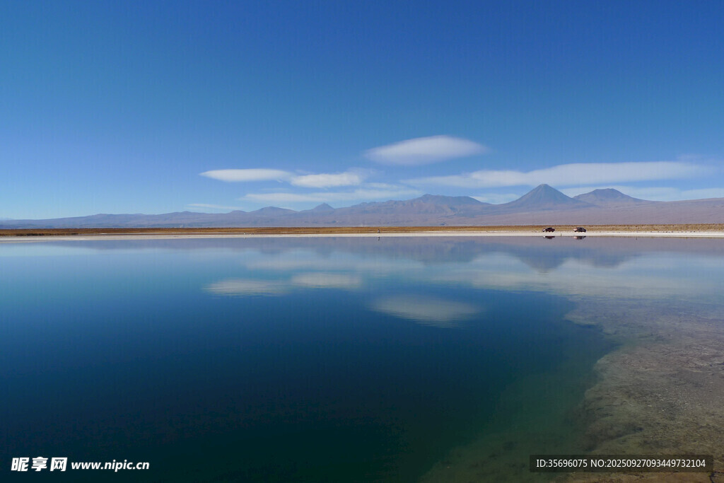 平靜湖面映藍(lán)天白云遠(yuǎn)山