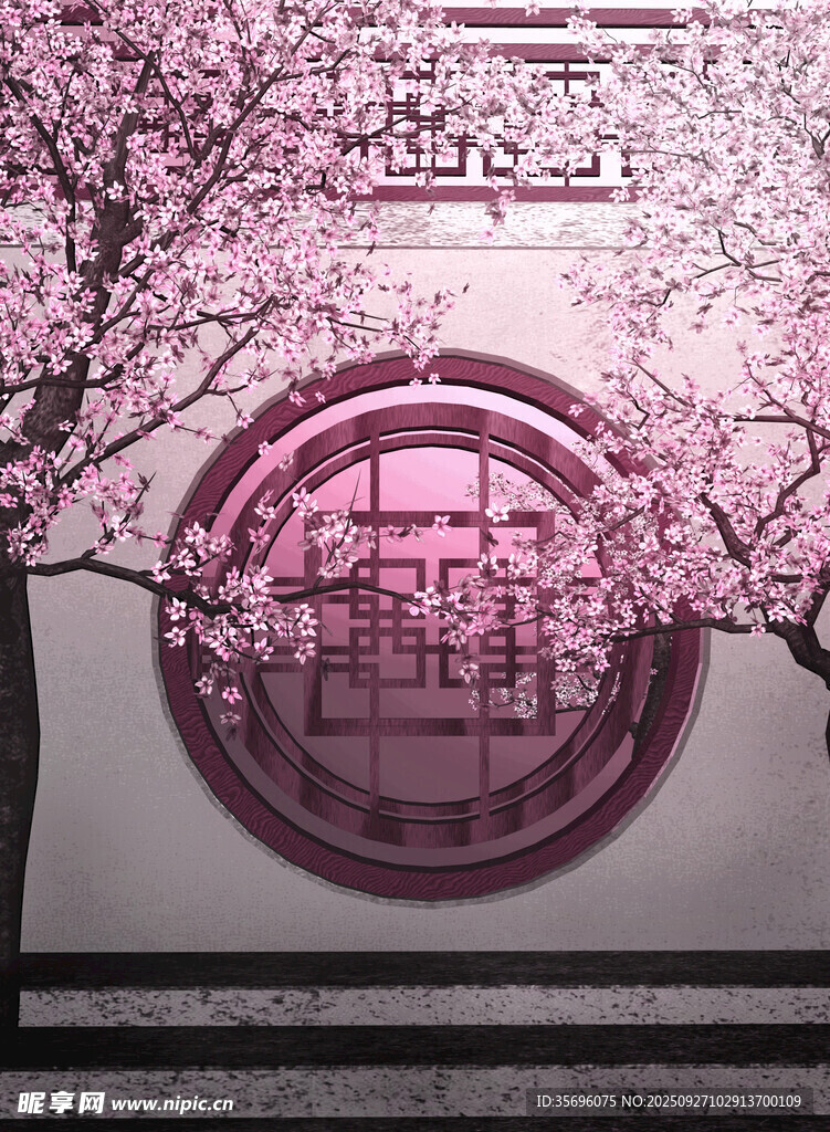 中式庭院粉櫻環(huán)繞圓窗