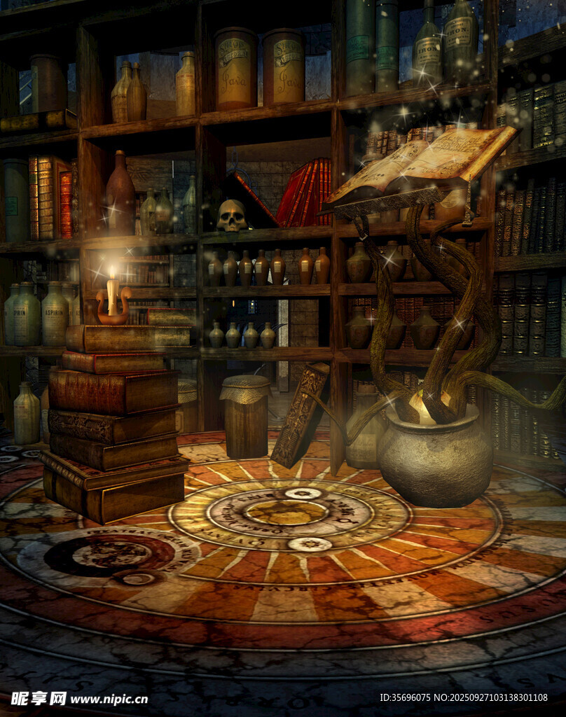 神秘魔法書房中的奇幻場景