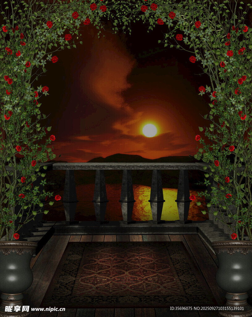 夢(mèng)幻夕陽(yáng)下的綠植拱門景觀