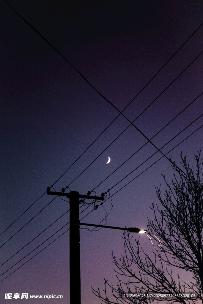 黃昏下的電線桿與星月