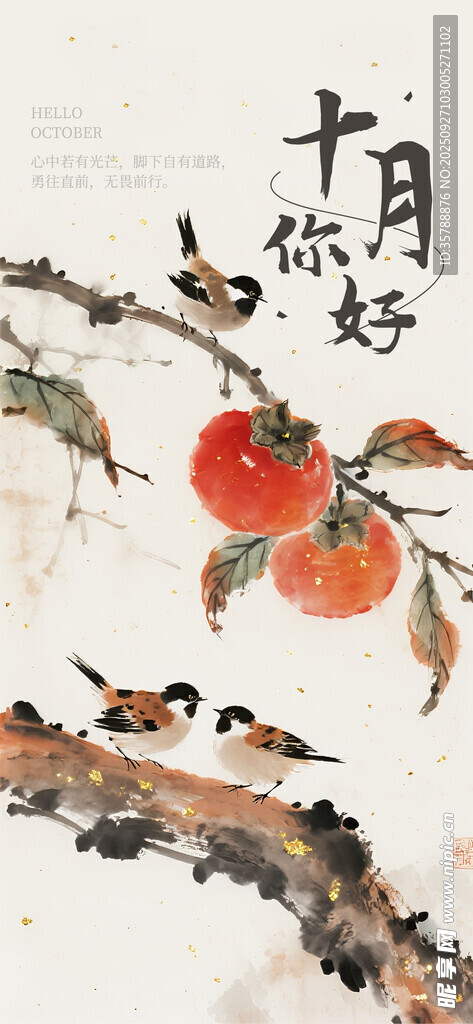 十月美好      枝頭柿鳥(niǎo)圖