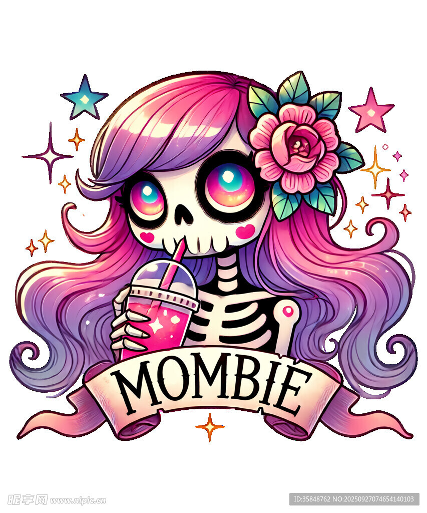 骷髏少女手持飲料帶花朵