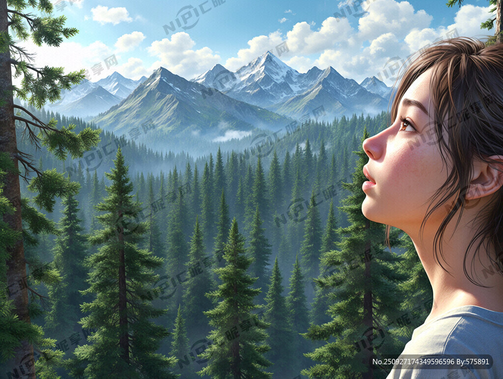 近景一位女生上半身一臉享受森林
