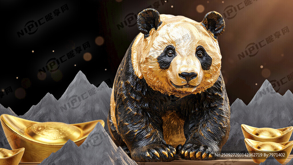 一只鎏金的大熊貓 鎏金光澤山峰